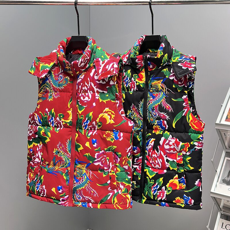 东北大花农村大码坎肩棉马甲外套中国风民族特色男女牡丹大花绿红