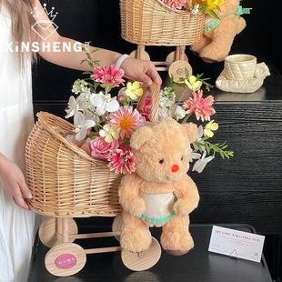 藤编小推车鲜花篮花艺装 饰品 饰材料插花花篮礼物摆件满月花篮装