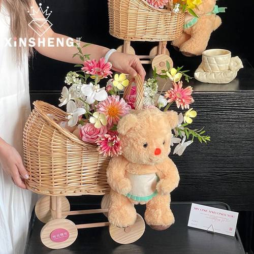 藤编小推车鲜花篮花艺装饰材料插花花篮礼物摆件满月花篮装饰品