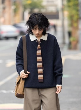 文艺潮流假两件v领翻领毛衣cleanfit 针织衫上衣慵懒风外套慵懒男