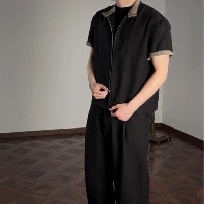 老钱风千鸟格拉链衬衫男夏季假两件拼接短袖衬衣cleanfit棉麻半袖