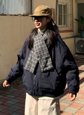 日系复古格子拼接围巾连帽棉衣男女款学院风短款保暖飞行棉服外套