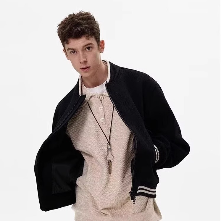 美式复古街头毛呢黑色棒球服夹克女设计感宽松潮牌秋季休闲外套男