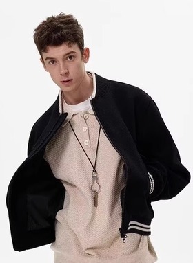 美式复古街头毛呢黑色棒球服夹克女设计感宽松潮牌秋季休闲外套男