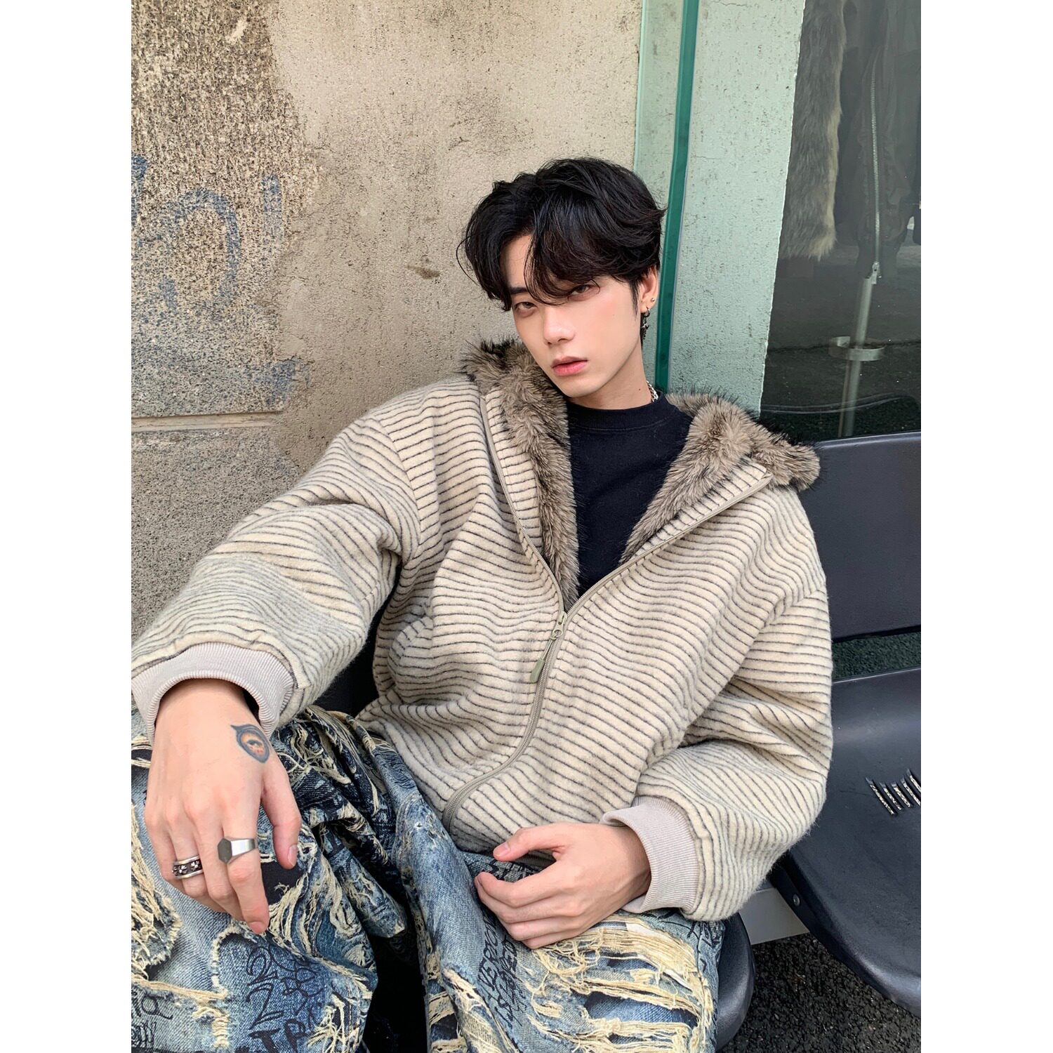 新品条纹座山雕外套男冬季美式潮流复古耳朵毛领保暖棉衣秋冬外套