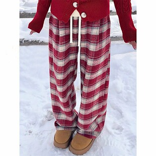 红色美式复古磨毛格子裤男款秋冬加绒加厚微喇裤子垂感直筒休闲裤