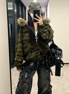 美式hiphop迷彩连帽卫衣外套女秋季宽松休闲百搭加绒加厚上衣拉链
