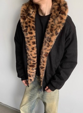 美式痞帅高级感垫肩豹纹棉衣外套男冬季加厚小众设计感夹克潮宽松