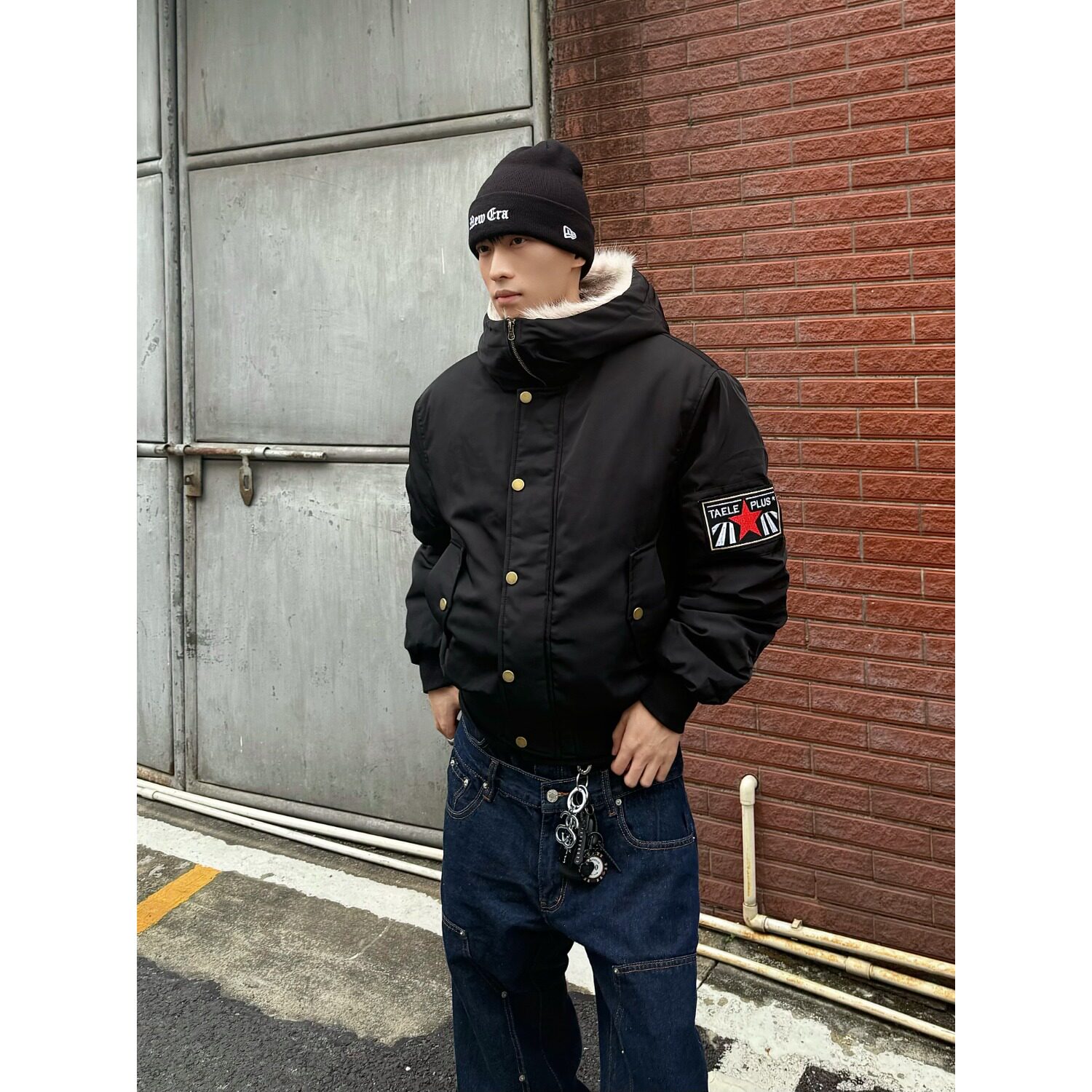 豹纹袖章连帽座山雕毛领棉服男女冬季宽松美式夹棉情侣款外套防风