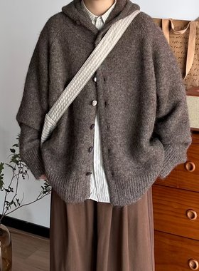 保暖休闲青年高级感灰色连帽毛衣男松弛慵懒风秋冬针织开衫外套潮