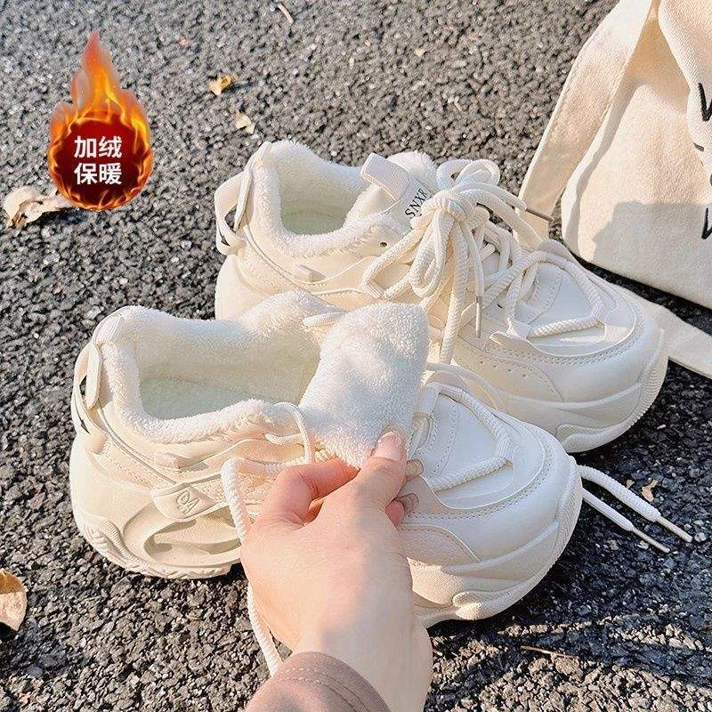 鞋子女秋冬同款老爹鞋女2025秋冬季新款加绒厚底增高韩系小白鞋鞋