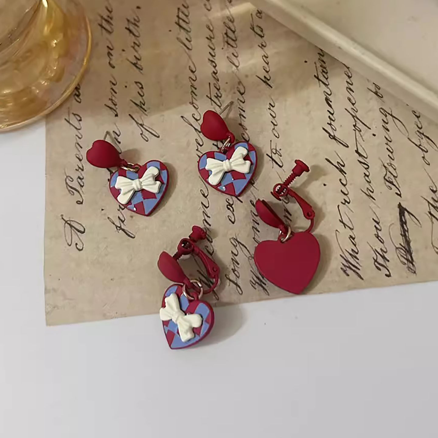 春夏显白甜美红色爱心耳夹耳环