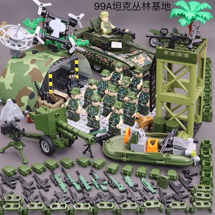 玩具积木现代军事反恐悍马车装甲车防空炮防御基地特种兵益智模型