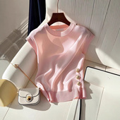 法式 别致超好看减龄上衣 款 轻奢风绝美粉色圆领针织无袖 T恤女夏季