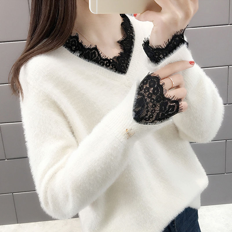 仿水貂绒V领毛衣女士秋冬新 款鸡心领宽松简约百搭针织打底衫长袖