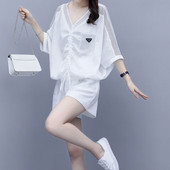 跑步运动服减龄潮牌两件套 休闲套装 宽松短袖 女2025夏新款 短裤 韩版