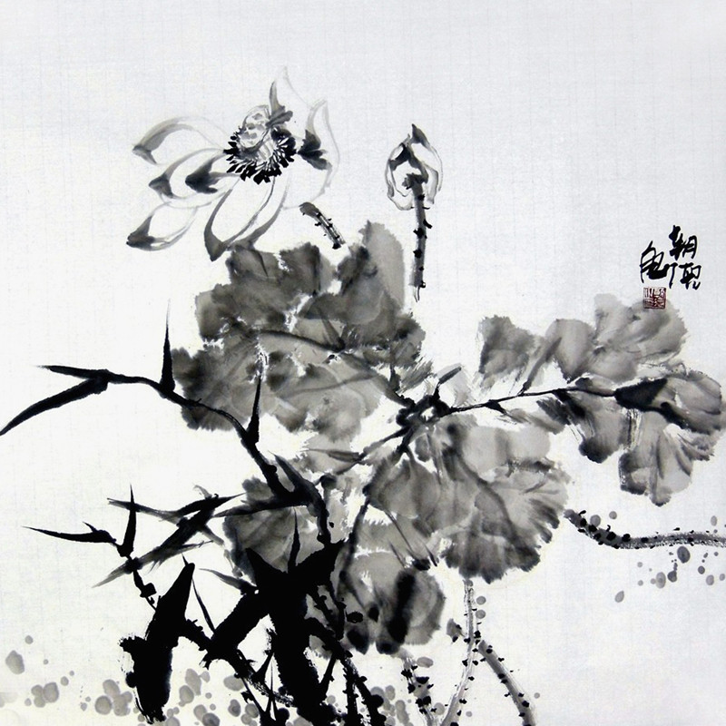 梁朝德手绘四尺斗方写意花鸟画荷花真迹玄关走道客厅卧室装饰字画