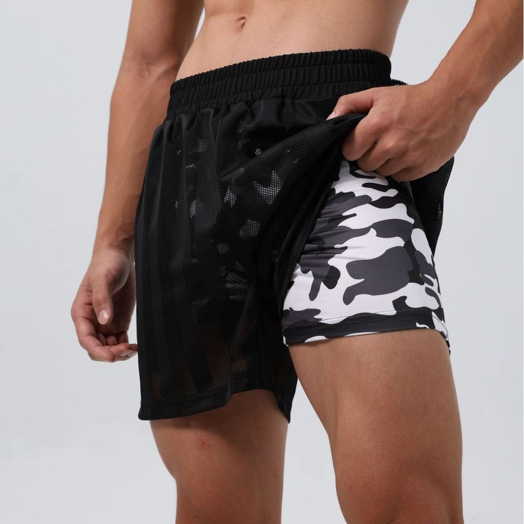 休闲户外运动短裤男士健身跑步训练四分裤假两件双层网眼篮球深蹲