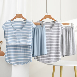 无袖 薄款 T恤宽松短裤 大码 胸棉款 睡衣套装 莫代尔条纹家居服女夏季