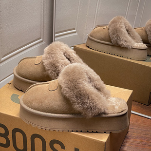 保暖厚底棉鞋 爆款 皮毛一体冬季 桑坡村厚底雪地靴真皮包头半拖女款