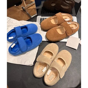 官方正品魔术贴毛毛拖鞋玛丽珍女鞋冬季羊皮毛一体保暖外穿棉鞋潮