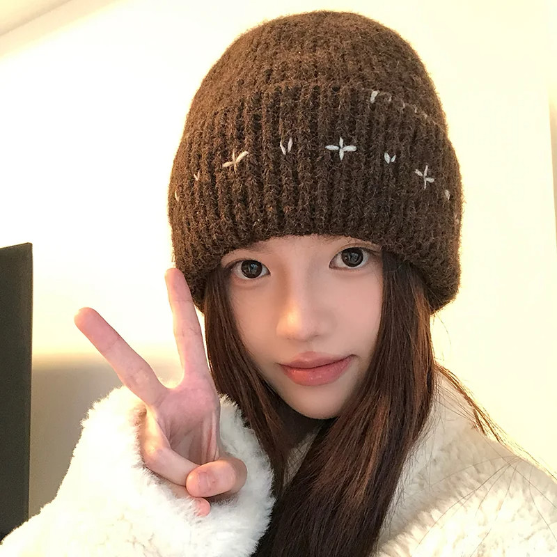 美拉德复古咖色针织毛线帽女秋冬季加厚保暖护耳帽子显脸小包头帽
