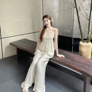 绮梦少女清纯仙仙重工刺绣天丝棉吊带上衣女蕾丝纯欲V领小吊带