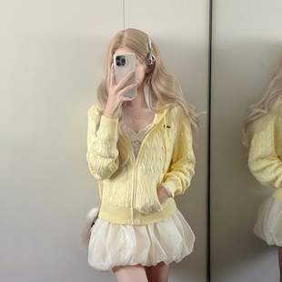 系列【 腊肠】黄色麻花连帽卫衣女拉链针织上衣