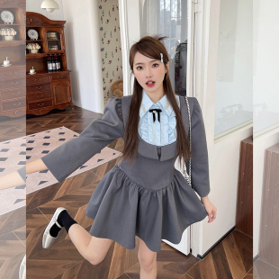 顾小落阿miu公举富家千金撞色衬衣拼接连衣裙女收腰显瘦长袖短裙