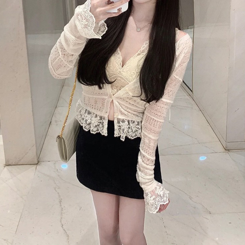 系列今夏软妹镂空长袖拼接收腰显瘦针织开衫上衣甜美气质