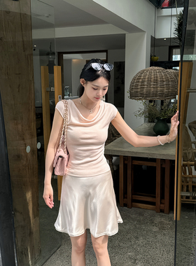 娇娇女友 真丝天丝优雅荡领气质修身上衣夏季新款粉色轻薄短袖T恤