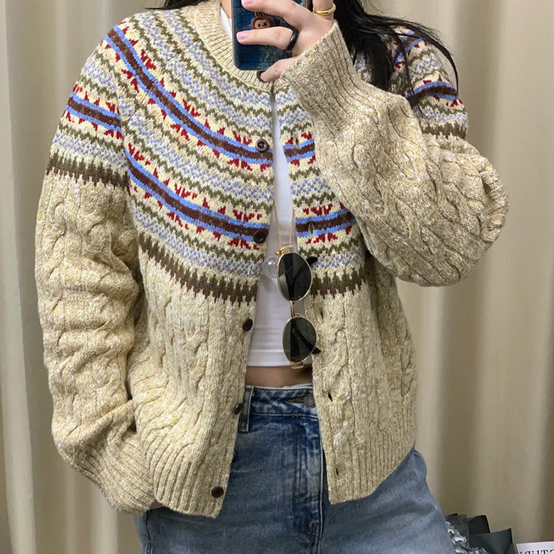 现货 琥珀流光费尔岛 复古绞花 羊毛棉混色花式纱开衫秋冬毛衣