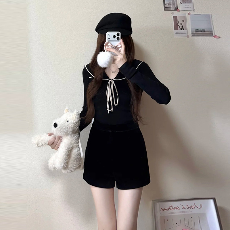 极简海军领羊毛长袖针织衫秋冬系带毛衣包臀显瘦半身裙两件套装