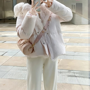 甜甜妹宝 粉色大狐狸毛领羽绒服女连帽短款