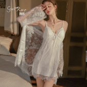 瑰若性感深V加胸垫甜美蕾丝双层裙摆睡裙外袍女式 家居睡衣套装
