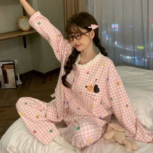睡衣女秋季女款可爱卡通腊肠狗格子长袖长裤宽松新款带胸垫家居服