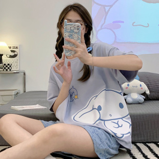 甜美卡通风凉爽宽松可外穿家居服套装 短裤 批发 可爱短袖 睡衣女夏季