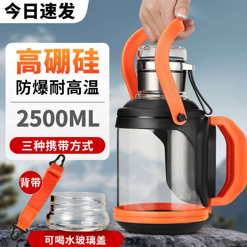 大容量玻璃杯带把手吨吨桶男士泡茶杯茶水分离手柄玻璃壶2000ml