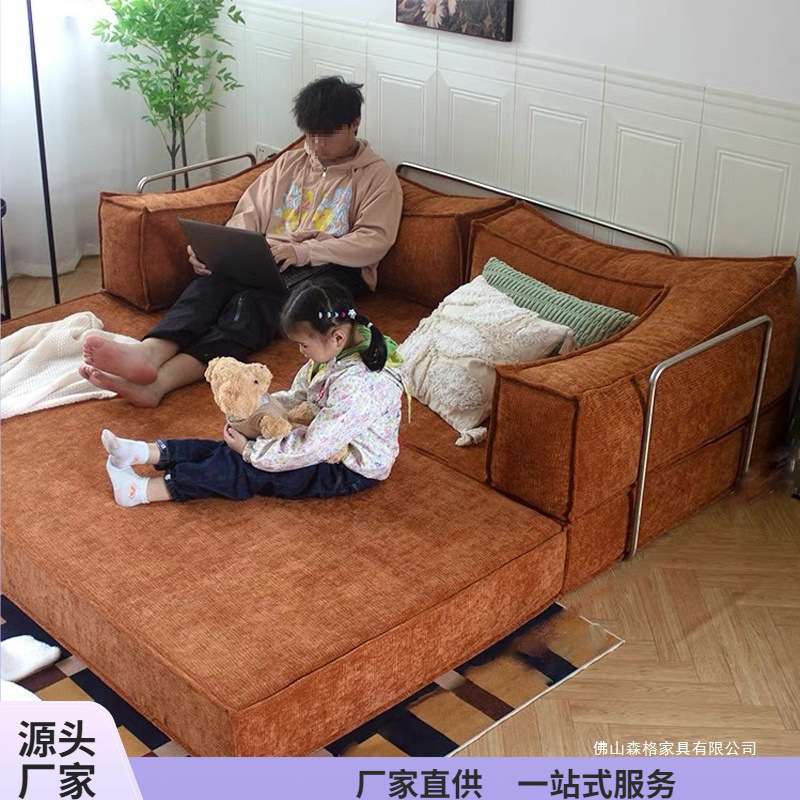 复古沙发床可折叠两用布艺沙发中古风客厅卧室家用双三人模块沙发