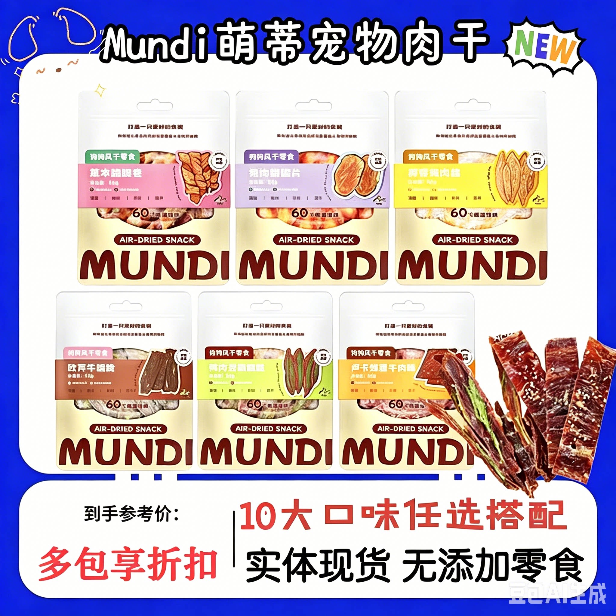 mundi萌蒂宠物零食肉干犬猫通用鸭肉牛肉椰蓉鸡肉无添加营养肉条
