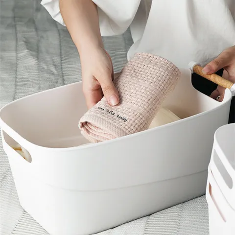 加厚文具篮子塑料收纳筐儿童塑料收纳篮双耳木柄储物盒长方形无盖