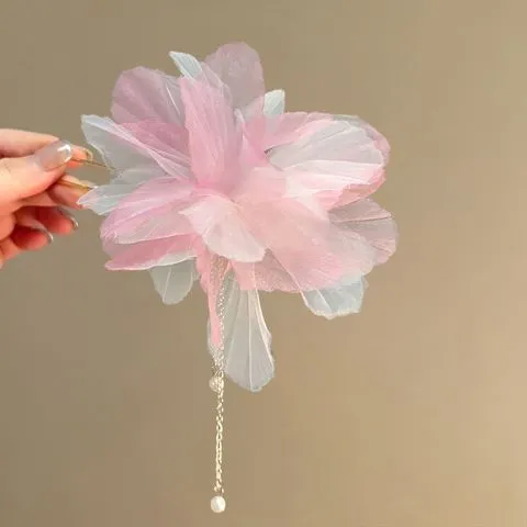 气质流苏花朵珠U形发饰簪子发簪高级感盘发新中式发钗雪纺枯叶蝶