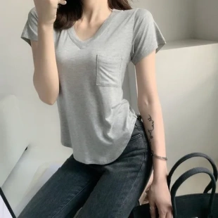 上衣显瘦仿棉女2025 夏季 女优质不规则T恤宽松百搭V领新款 时尚 短袖