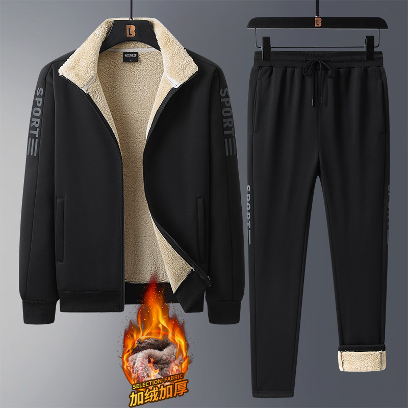 중년 및 노인 스포츠 정장 남성 가을 겨울 신상 투피스 따뜻하고 두꺼운 양고기 벨벳 아빠 플러스 벨벳 슈트