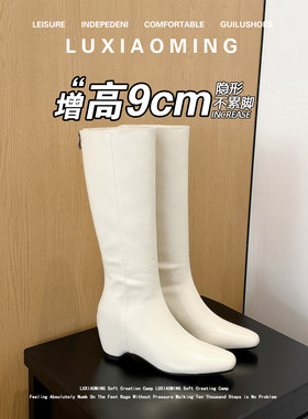真皮方头猫跟长筒靴不过膝内增高
