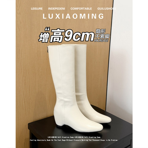 真皮方头猫跟长筒靴不过膝内增高
