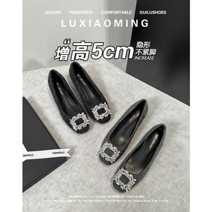 羊皮版~方扣水钻毛呢平底鞋女秋冬新款气质方头内增高玛丽珍单鞋