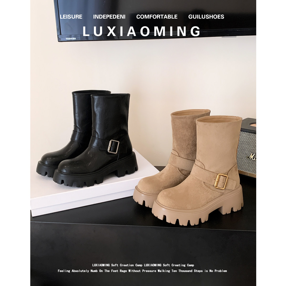 牛皮版~复古高跟机车马丁靴女2025秋新款绒面皮带扣粗跟厚底短靴