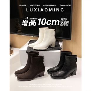 羊皮版~10cm复古高跟弹力瘦瘦靴秋冬季新款小个子内增高加绒短靴