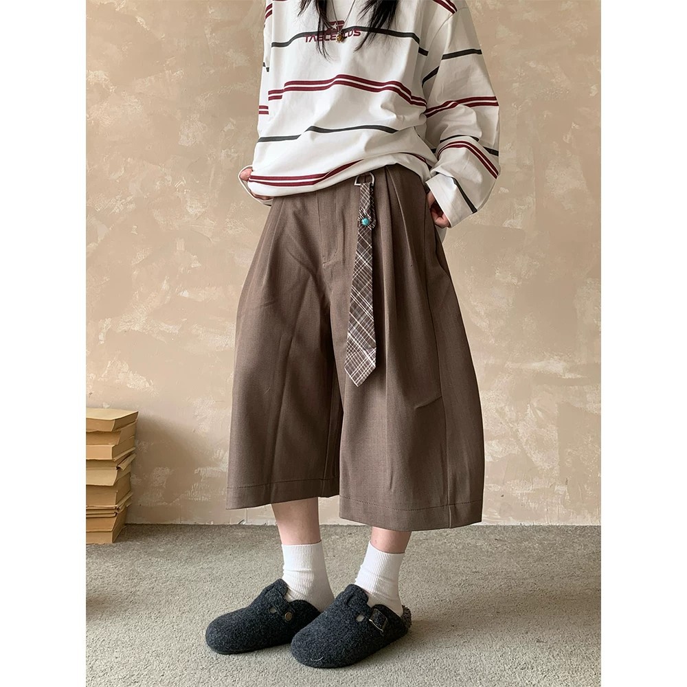 美式复古褶皱休闲七分西裤男女夏季新款宽松显瘦垂感百搭阔腿裤子
